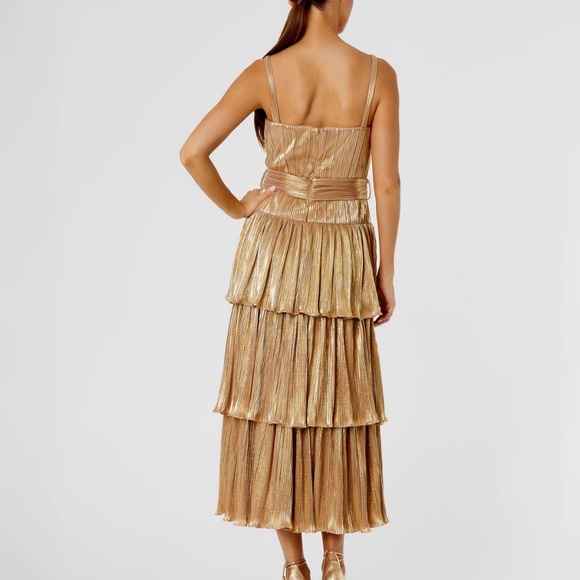 NWT Mac Duggal [6] 27062 Tea-Length Maxi Gold Ruffle Tiered Dress Metallic - Picture 3 of 11